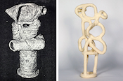 Kari Marboe, Dead Ringer: Duplicating Daniel Series, 2018, Photocopy of missing Daniel Rhodes sculpture, BMix with nylon fiber (fired). Ceramic sketch of the original Daniel Rhodes sculpture.
