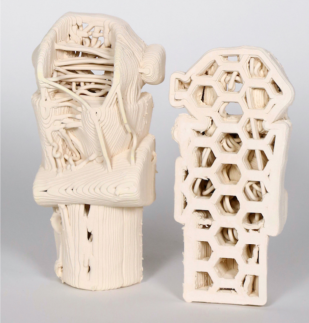 Kari Marboe, Offprint: Duplicating Daniel Series, 2018, 3D Print. Artist’s initial 3D printed ceramic prototypes of duplicates of the original Daniel Rhodes sculpture.